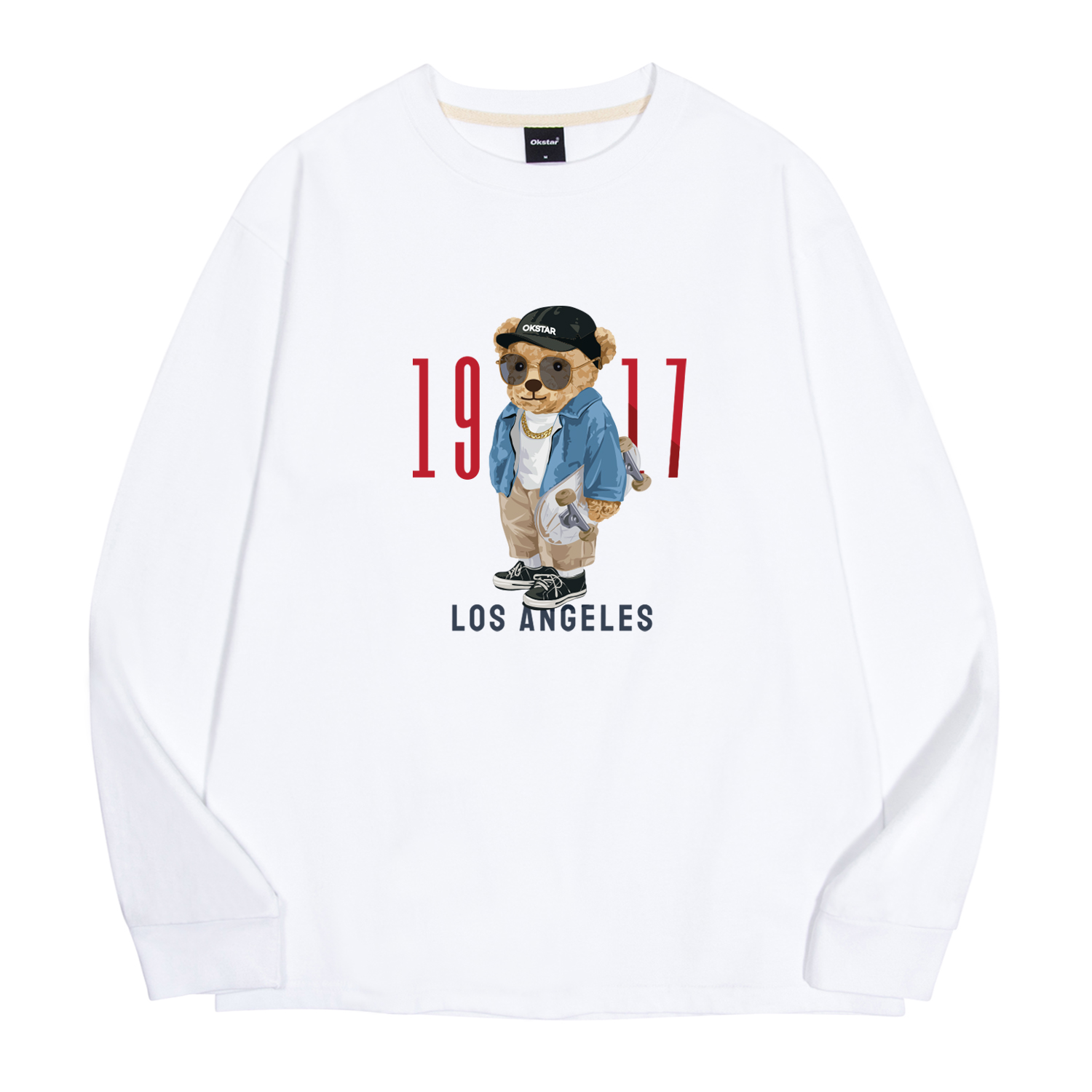 옥스타 남녀공용 1917 곰돌이 크루넥 오버핏 긴팔 티셔츠