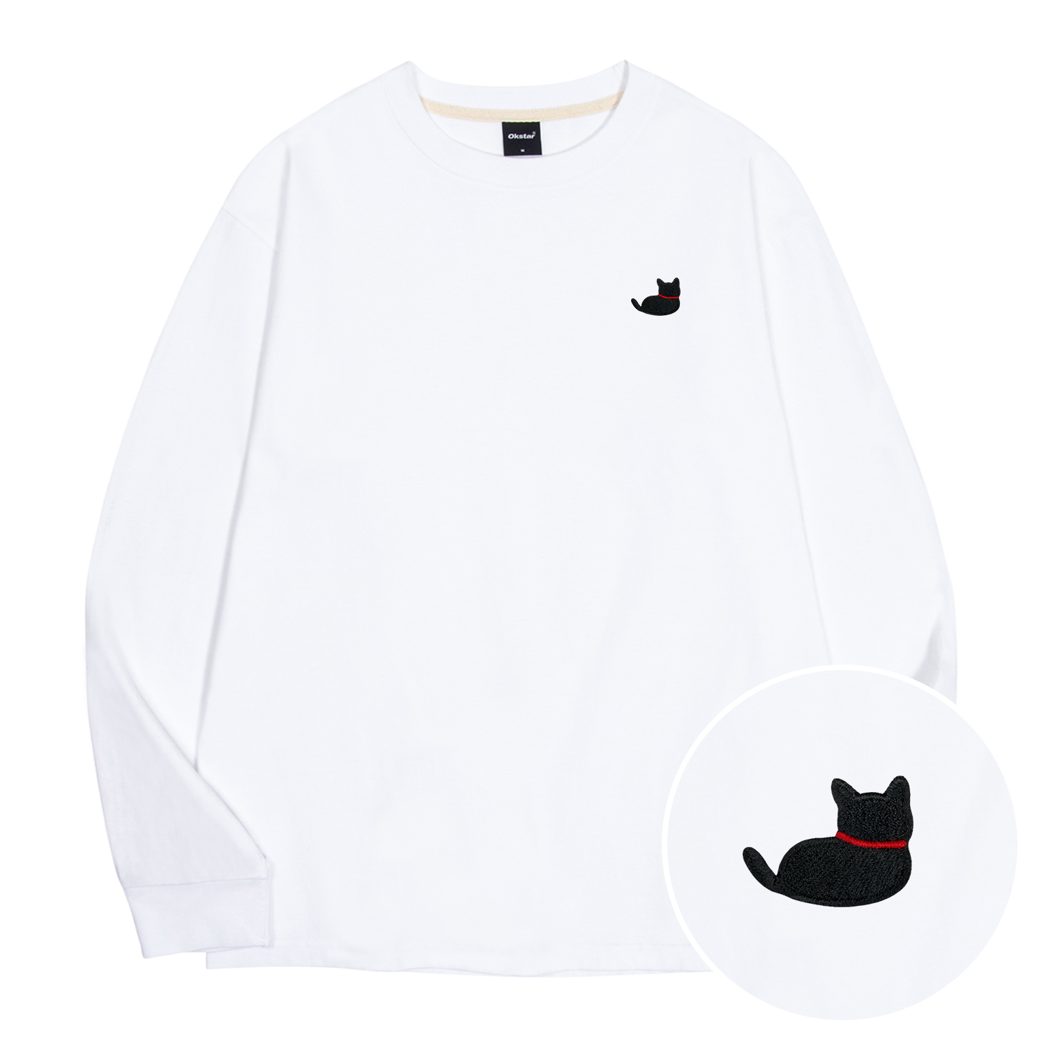 옥스타 남녀공용 검은 고양이 자수 크루넥 오버핏 긴팔 티셔츠