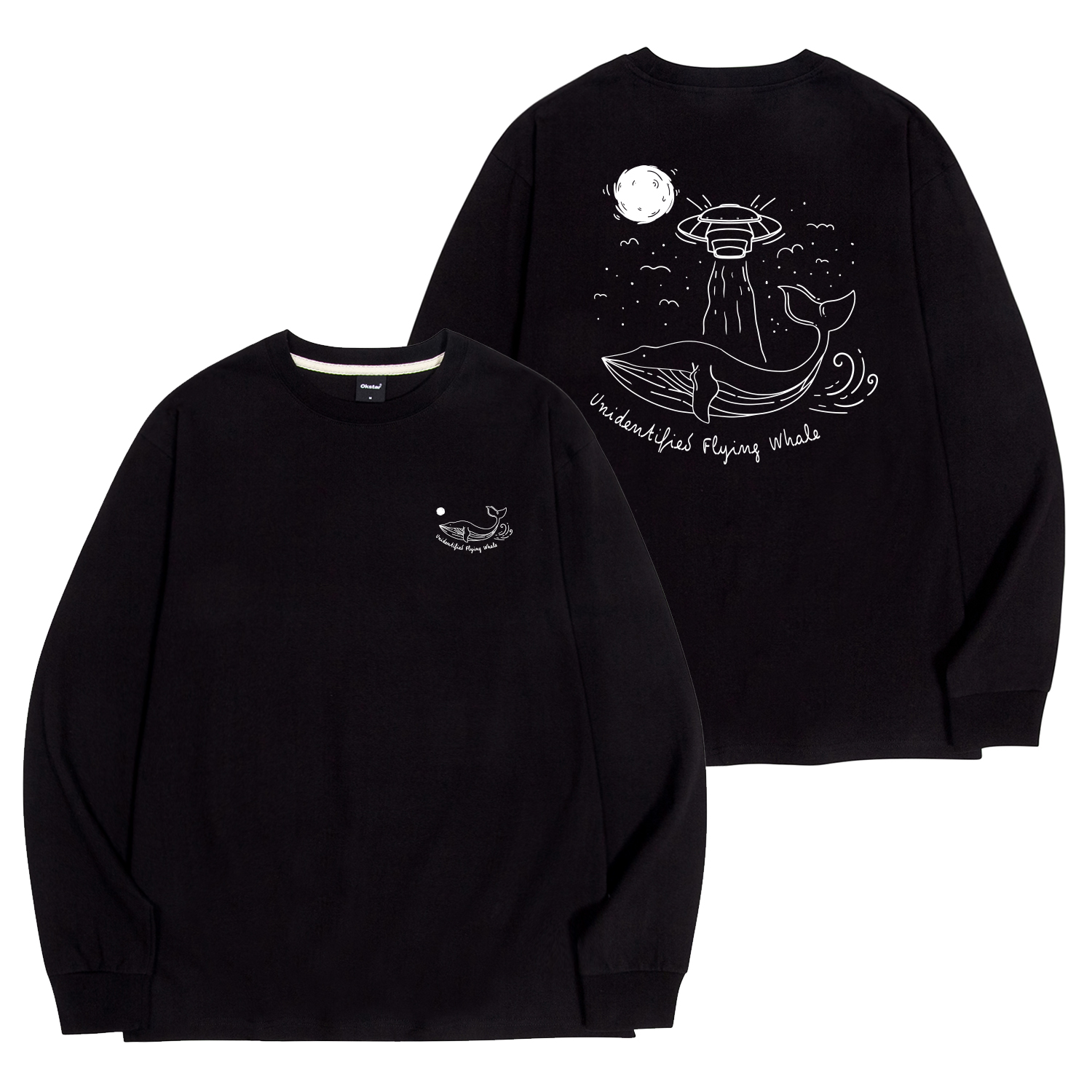 옥스타 남녀공용 우주선 고래 크루넥 오버핏 긴팔 티셔츠